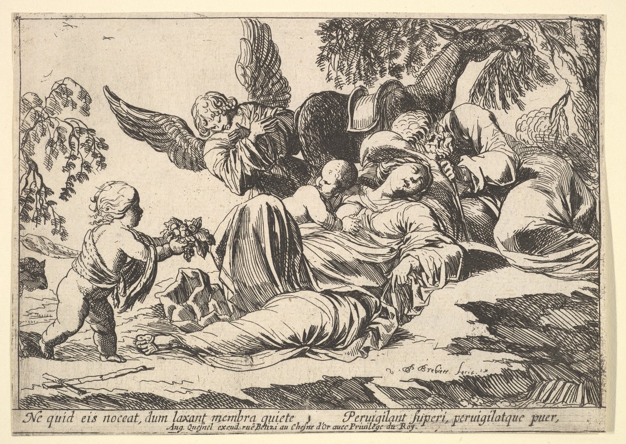 Engle giver frugt til den sovende hellige familie, 1610-42. af Pierre Brebiette