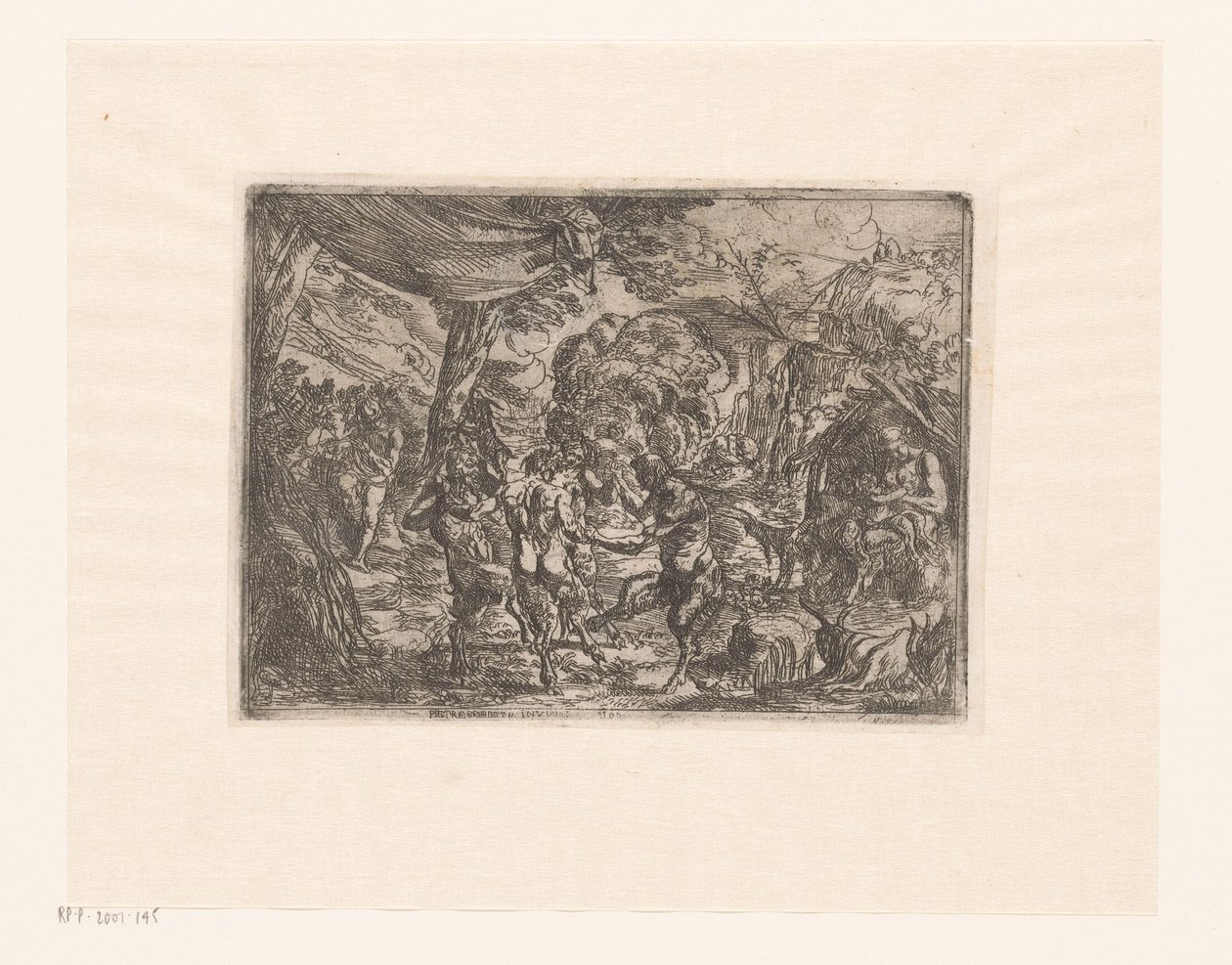 Dansende nymfer og satyrer i et landskab af Pierre Brebiette