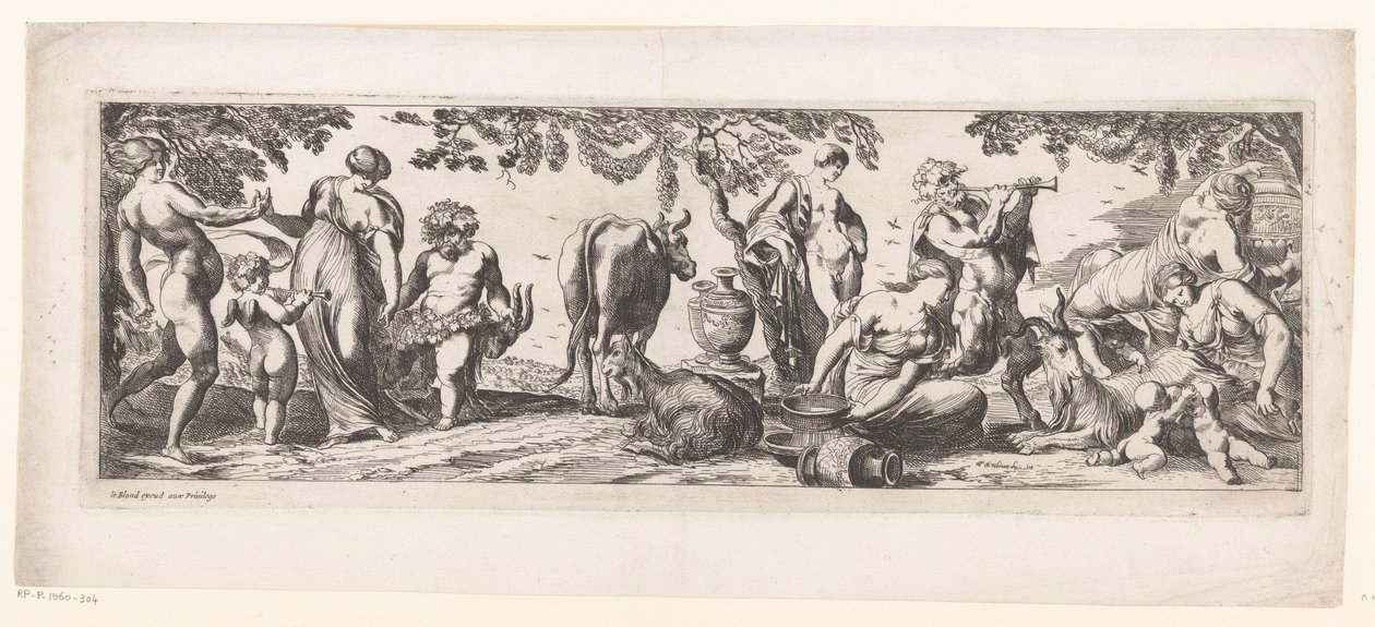 Hvilende Silenus og hans følge i et landskab af Pierre Brebiette
