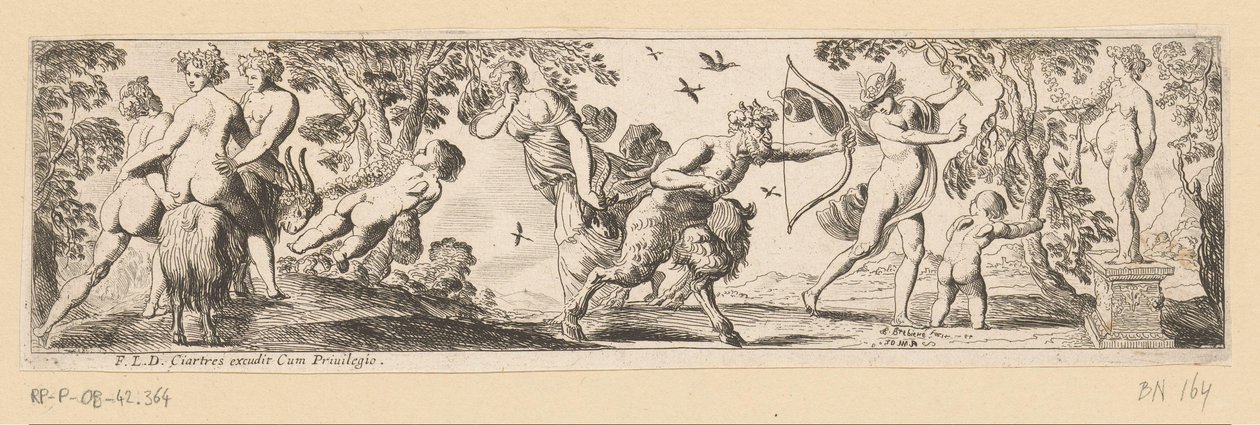 Satyr skyder en pil mod en statue af Bacchus, mens Merkur ser på af Pierre Brebiette