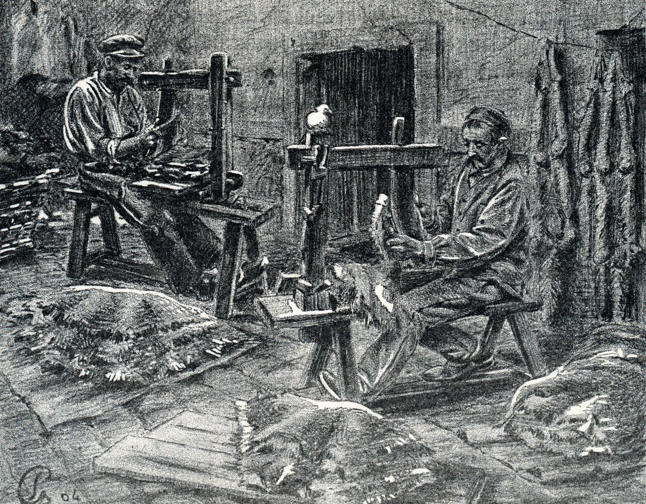 Håndværkere, der plejer fåreskindene Gravering fra "Excursion a travers les metiers" af Pierre Calmette Private Collection af Pierre Calmettes