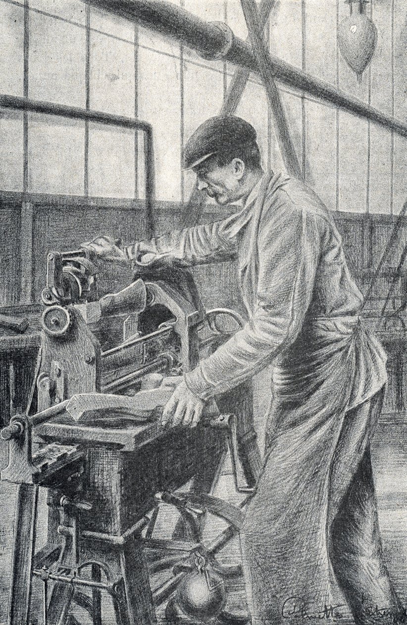 Skæring af riffelkolber i en våbenfabrik Gravering fra Pierre Calmette Private Collection af Pierre Calmettes