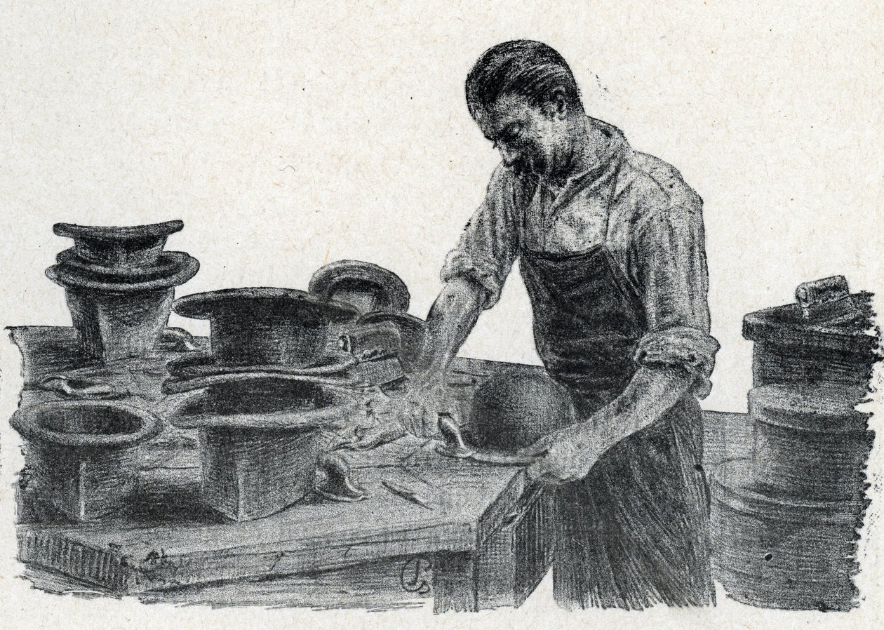 Hattemager: fastspænding af kanterne på en bowlerhat (fremstilling af en bowlerhat) Indgravering fra "Excursion a travers les metiers" af Pierre Calmette Private Collection af Pierre Calmettes