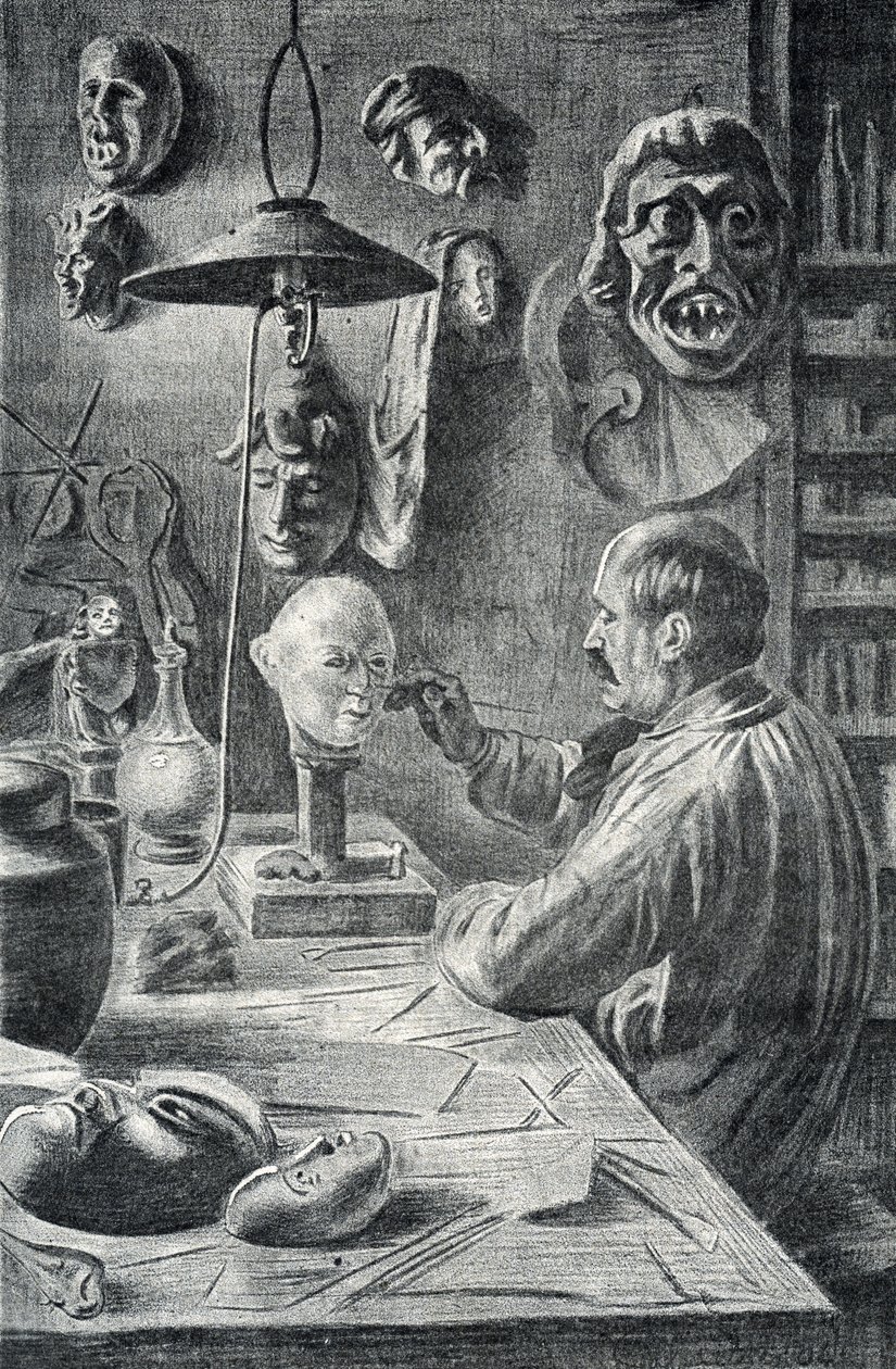 Fremstilling af teater- og udklædningsmasker Gravering fra "Excursion a travers les metiers" af Pierre Calmette Private Collection af Pierre Calmettes
