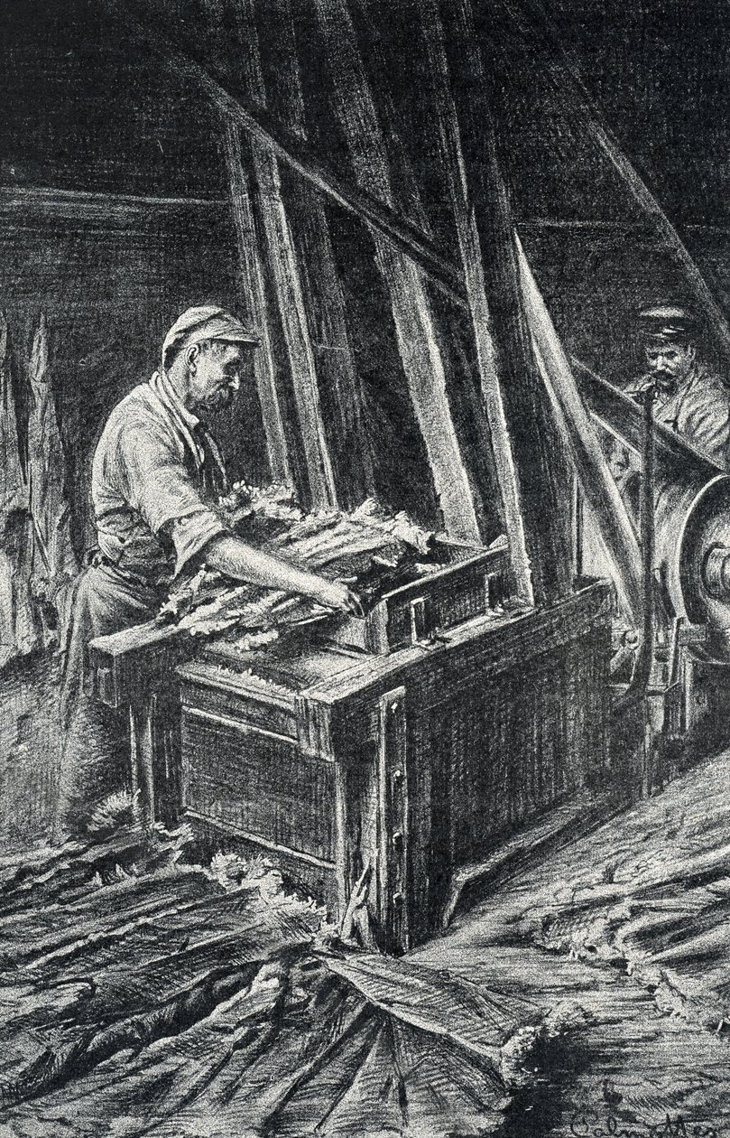 Peausserie, le corroyage: læderarbejde, blødgøring af dyrehudene i en mere fyldig gravering fra Pierre Calmette Collection privee af Pierre Calmettes