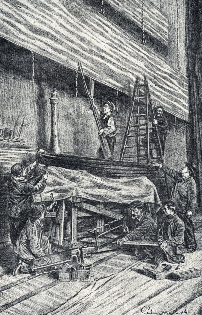 Ejendomsmestre: opsætning af scenesæt før forestillingen Gravering fra "Excursion a travers les metiers" af Pierre Calmette Private Collection af Pierre Calmettes