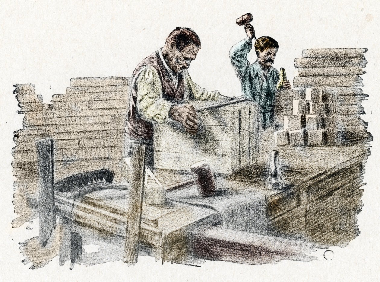 Savonnerie: le découpage des breads de soap (fremstilling af sæbestykker) Gravering fra "Excursion through the trades" af Pierre Calmette Privat samling af Pierre Calmettes