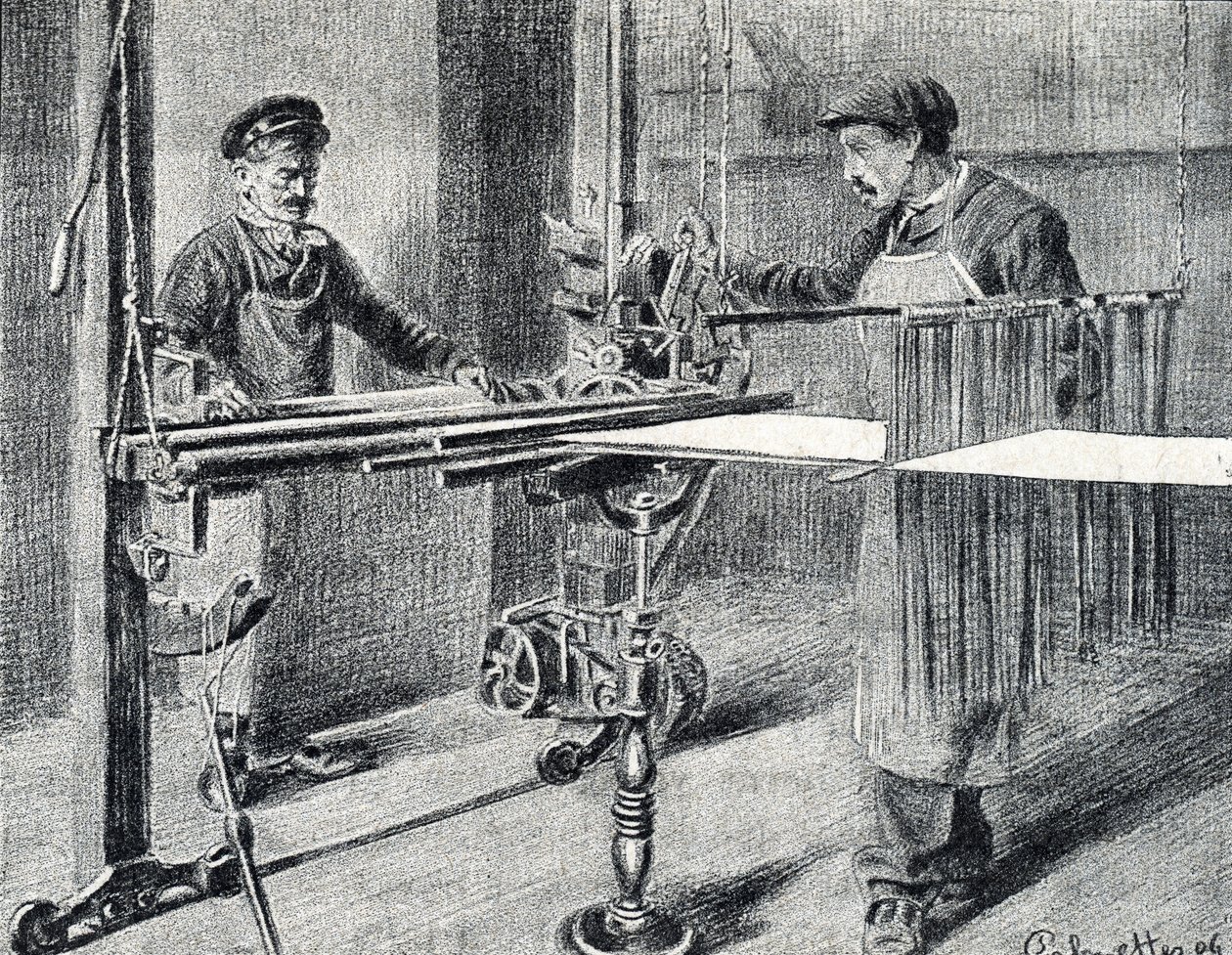 Silkeværksted: forberedelse af kæden ved mappen (Silkearbejde) Gravering hentet fra "Excursion through the metiers" af Pierre Calmette Private Collection af Pierre Calmettes