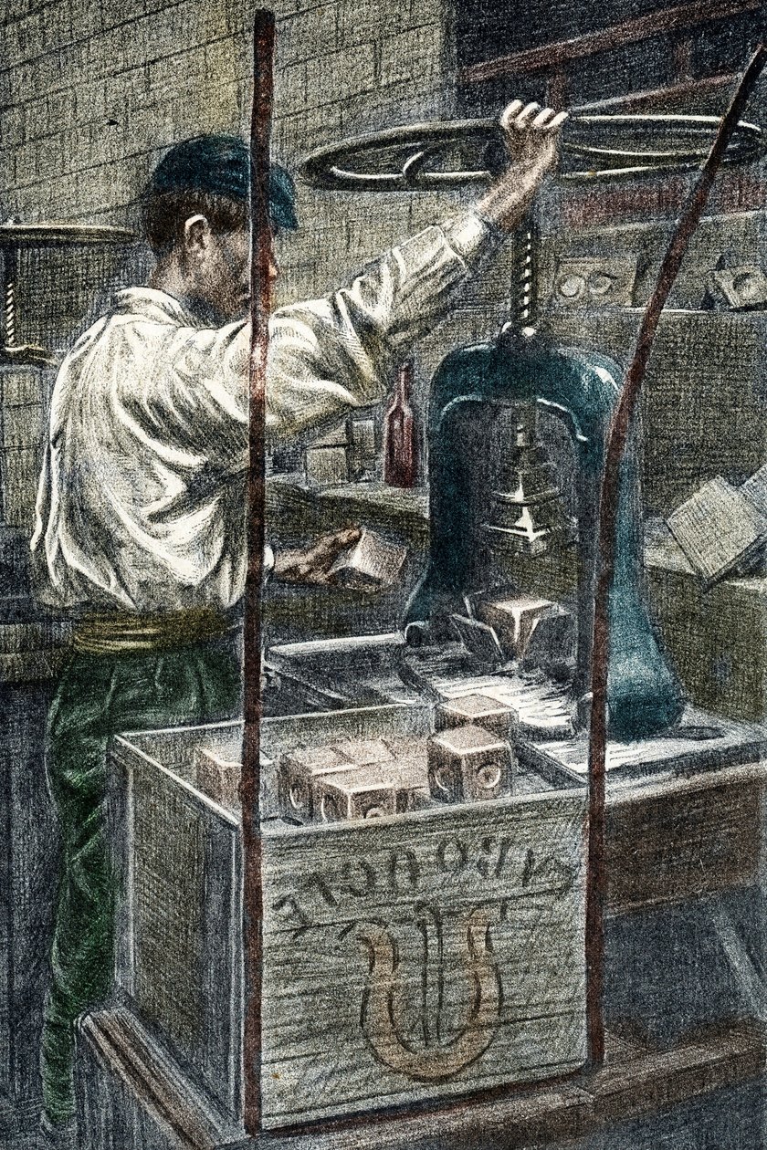 Sæbefabrik: stempling af sæbemærket Gravering fra "Excursion a travers les metiers" af Pierre Calmette Private Collection af Pierre Calmettes