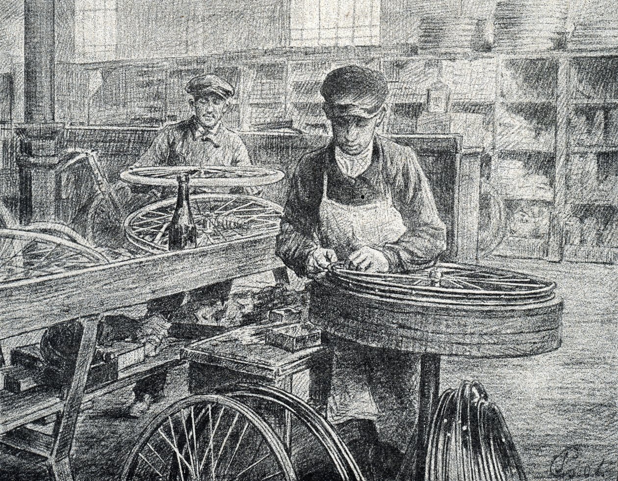 Arbejdere, der fastgør egerne til fælgene på en cykel under dens fremstilling (fremstilling af cykler) Gravering fra Pierre Calmette Private Collection af Pierre Calmettes