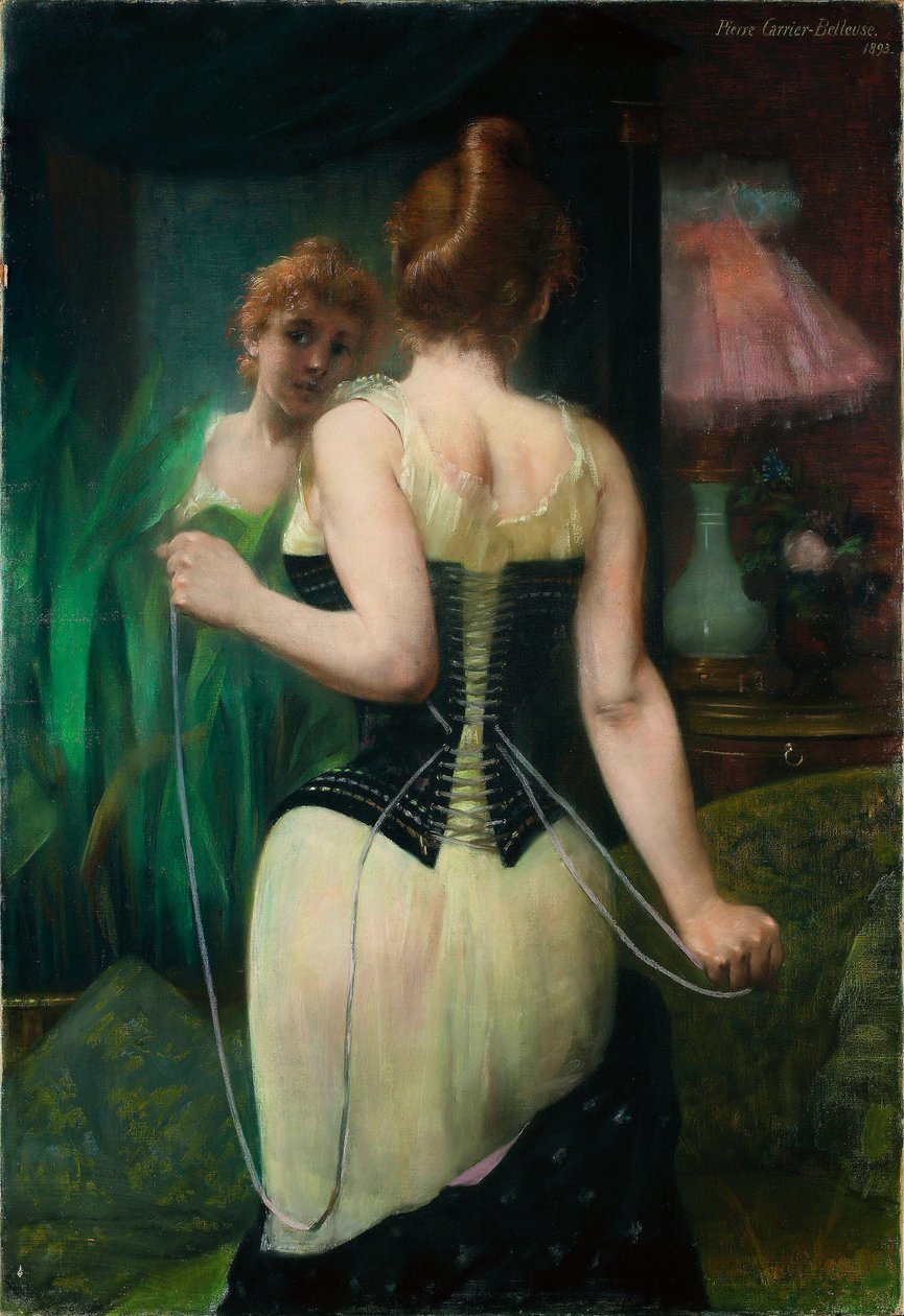 Ung kvinde justerer sit korset, 1893 af Pierre Carriere Belleuse
