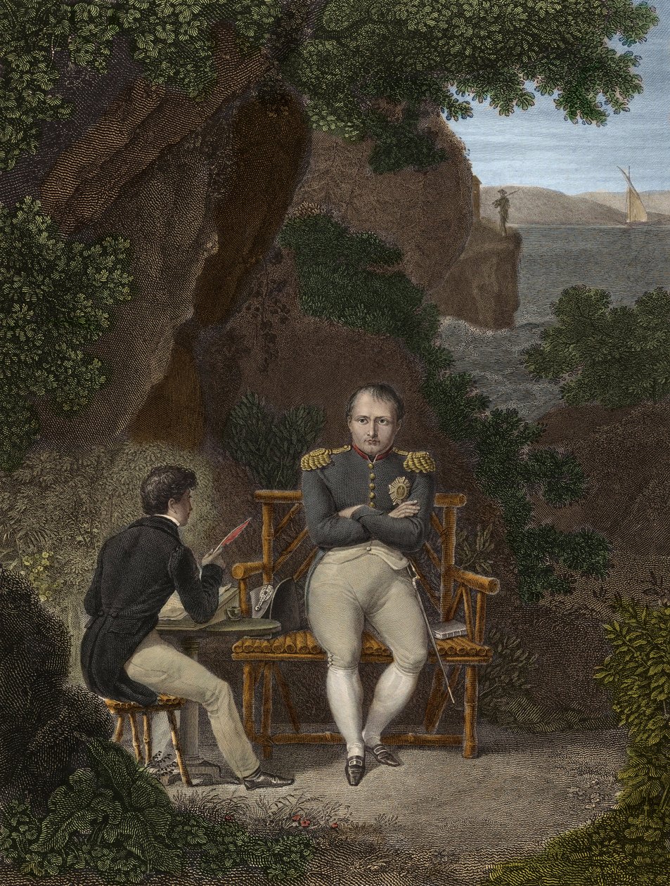 NAPOLEON I (1769-1821) I eksil på Sankt Helena - Napoleon dikterer sine memoirer til Emmanuel Pons de Las Cases (1800-1854), søn af Emmanuel de Las Cases - Napoleon til Sankt Helena (St. Helena): Han dikterer den unge Las Cases de notater, der skal bruges  af Pierre Charles Bacquoy