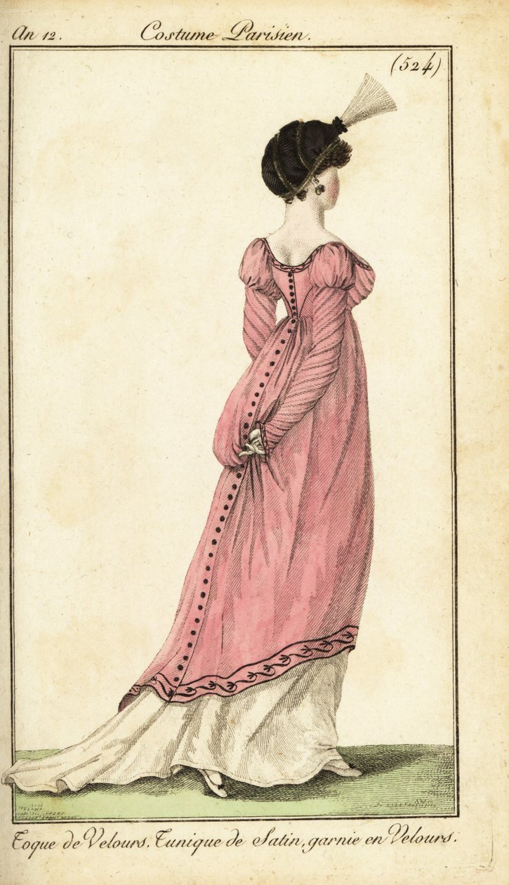 Kvinde i satin tunikakjole og fløjlstoque, Paris af Pierre Charles Baquoy