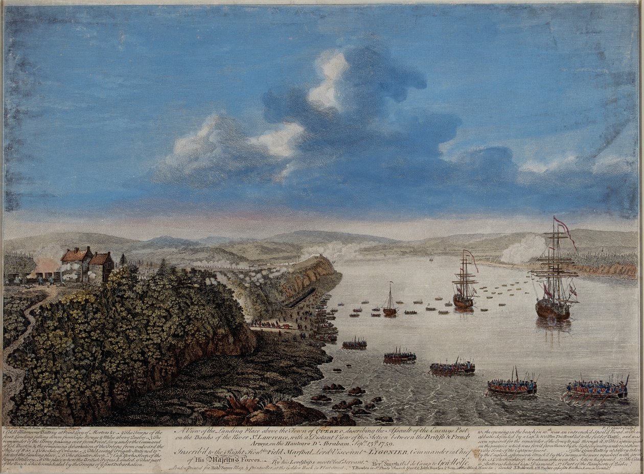 En udsigt over landingsstedet over byen Quebec, der beskriver angrebet...på Hauteurs DE Abraham 13. september 1759, ca. 1760 af Pierre Charles Canot