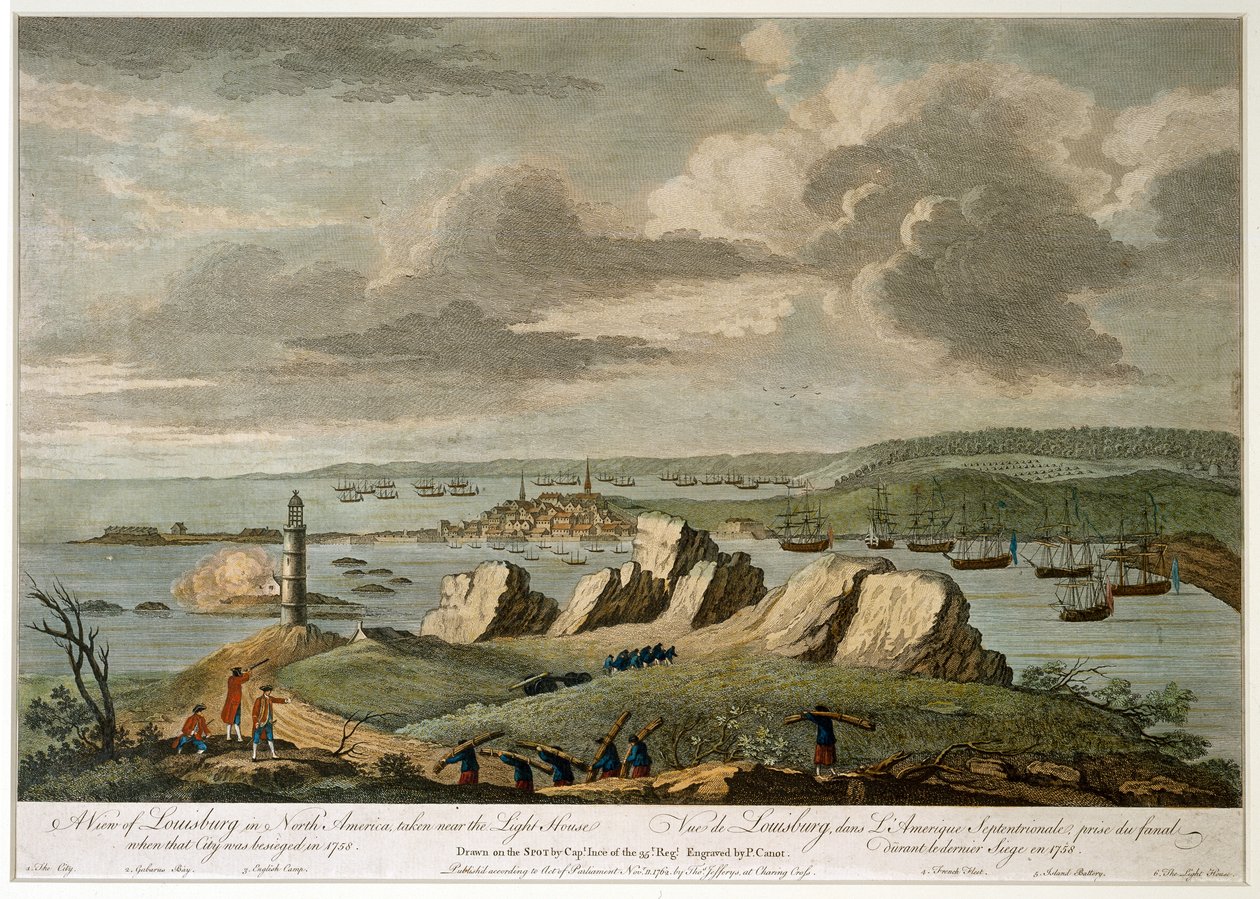 En udsigt over Louisburg i Nordamerika taget nær Light House, da byen blev belejret i 1758 (streggravering, farvet) af Pierre Charles Canot