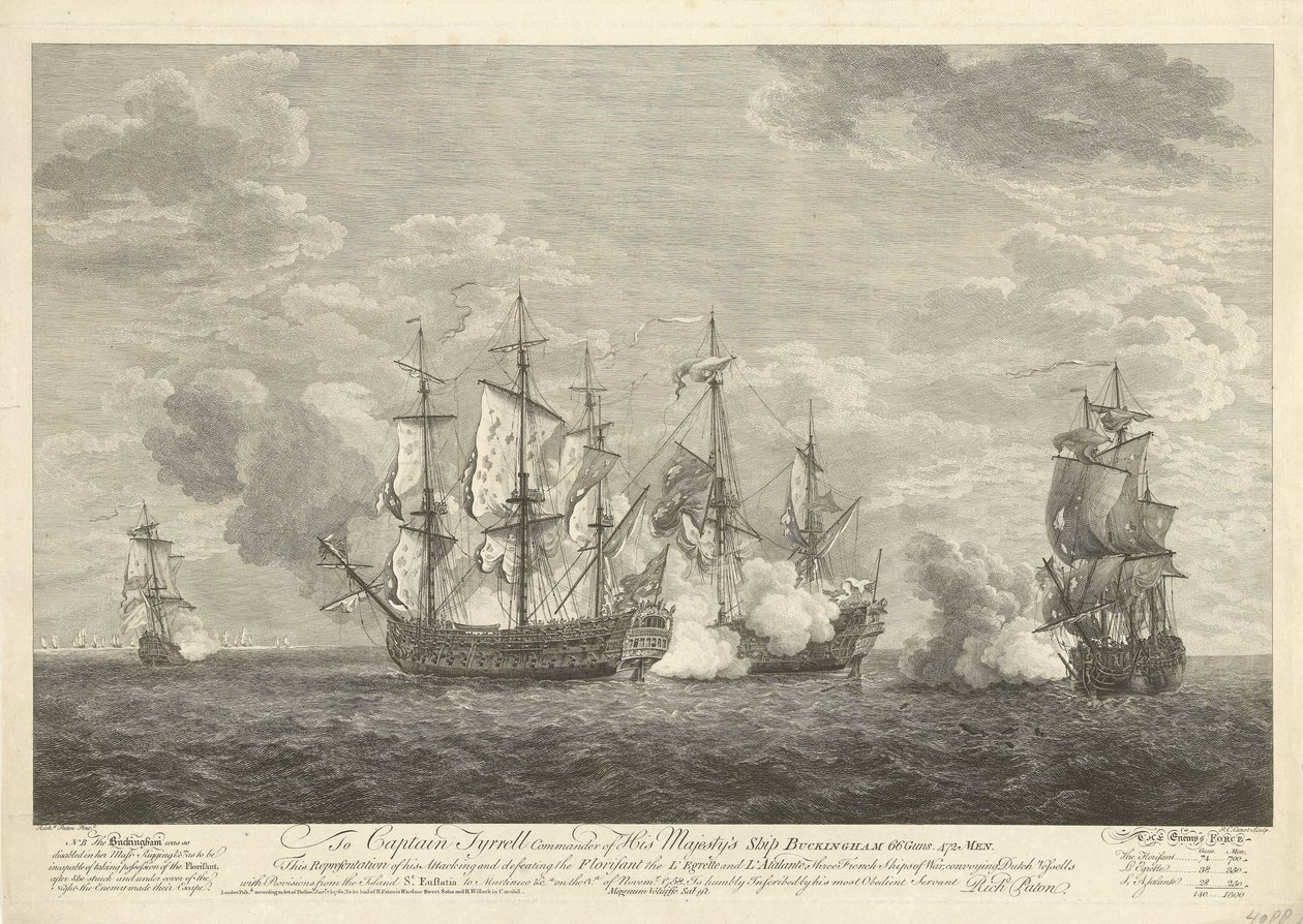 Angreb af et engelsk skib på tre franske skibe ud for St. Eustatius, 1758 af Pierre Charles Canot