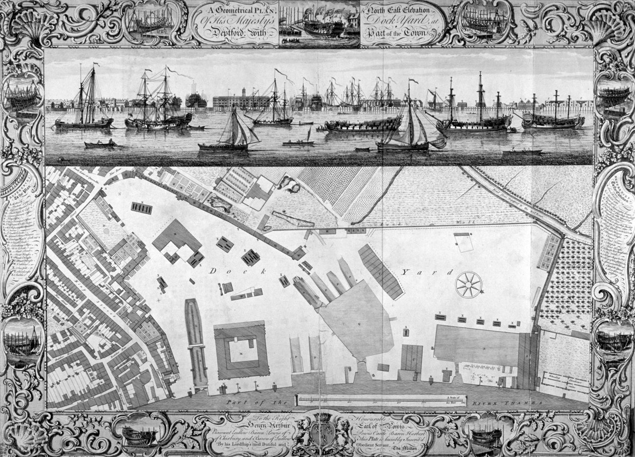 Deptford Docks, London, 1753. af Pierre Charles Canot