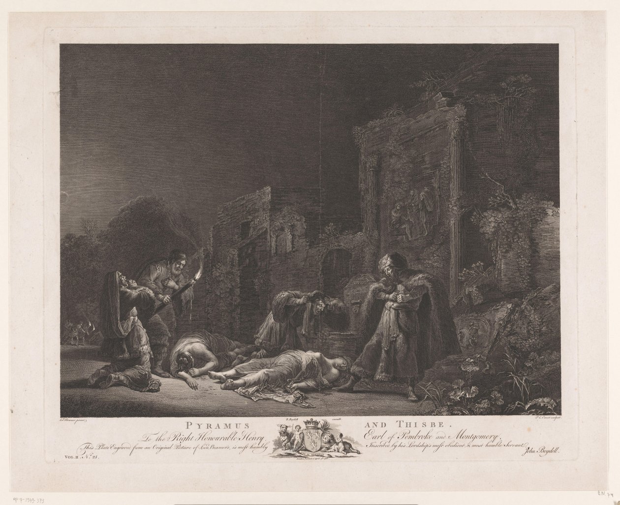 Pyramus og Thisbea Pyramus og Thisbe (titel på objekt) Hovedmalerier i England (serietitel) The Most Capital Paintings in England (serietitel) af Pierre Charles Canot