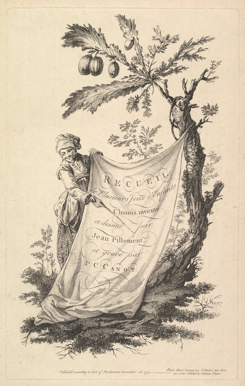 Titelside: en smilende mand holder et hjørne af et klæde bundet til et figentræ og peger med et s..., 1759. af Pierre Charles Canot