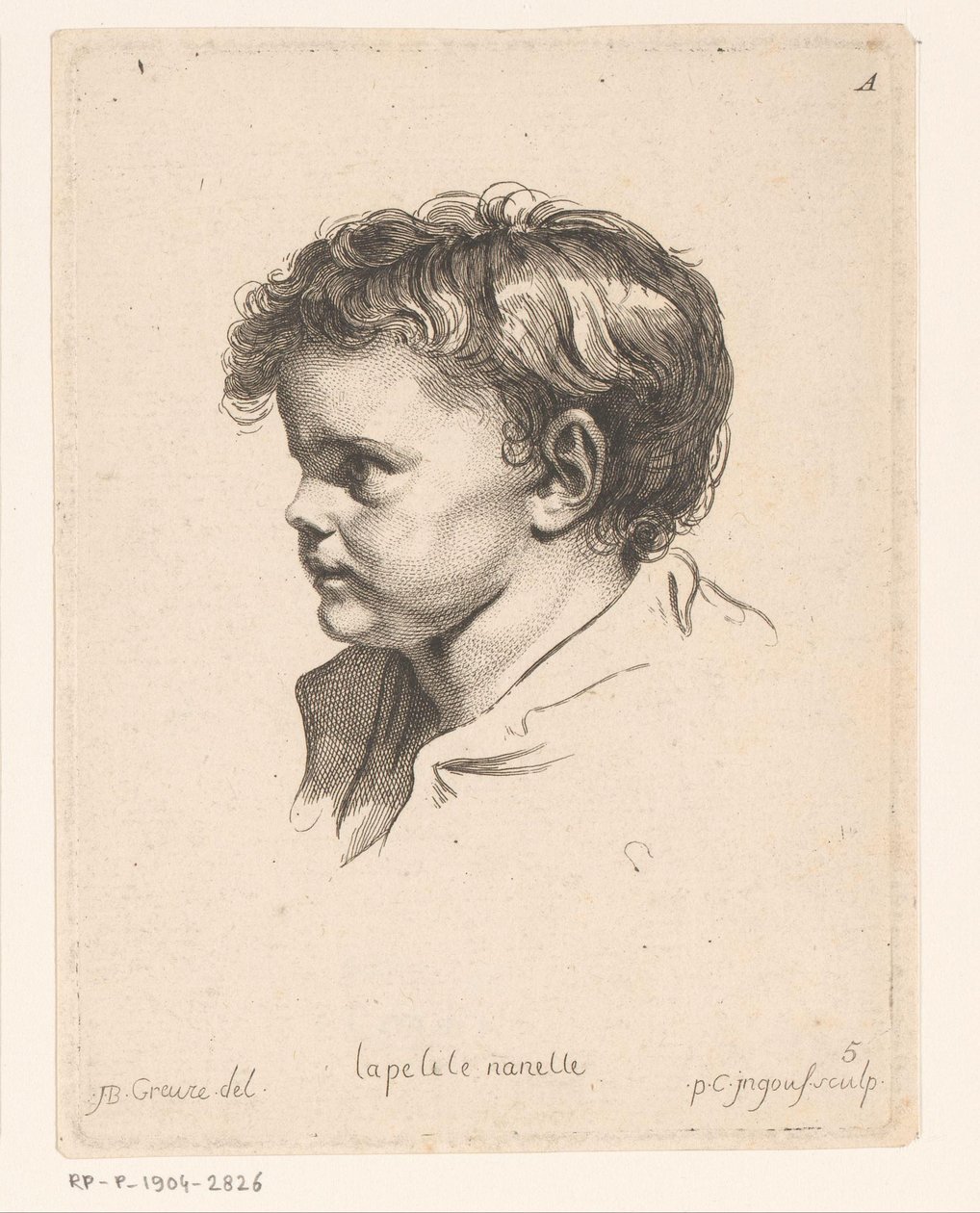 Hovedet af et lille barn, drejet til venstre La petite Nanette (titel på objekt) Hoveder af forskellige figurer (serietitel) ir. Cahier de Têtes de différens Caracteres (serietitel) af Pierre Charles Ingouf