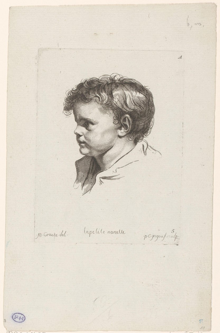 Hovedet af et lille barn, drejet til venstre La petite Nanette (titel på objekt) Hoveder af forskellige figurer (serietitel) ir. Cahier de Têtes de différens Caracteres (serietitel) af Pierre Charles Ingouf