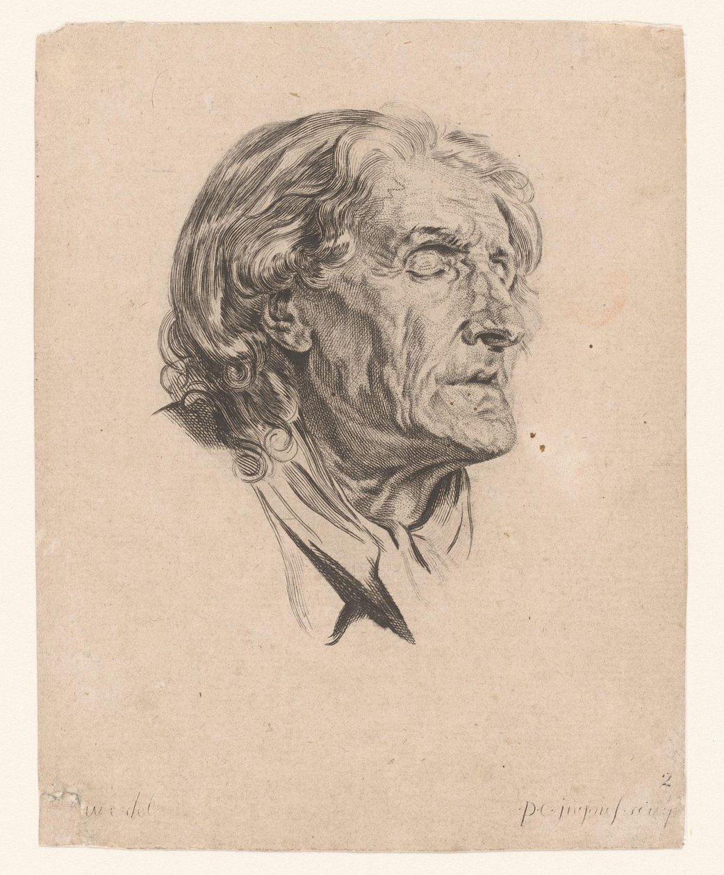 Hovedet af en gammel mand med lukkede øjne, vendt mod højre Hoveder af forskellige figurer (serietitel) ir. Cahier de Têtes de différens Caracteres (serietitel) af Pierre Charles Ingouf