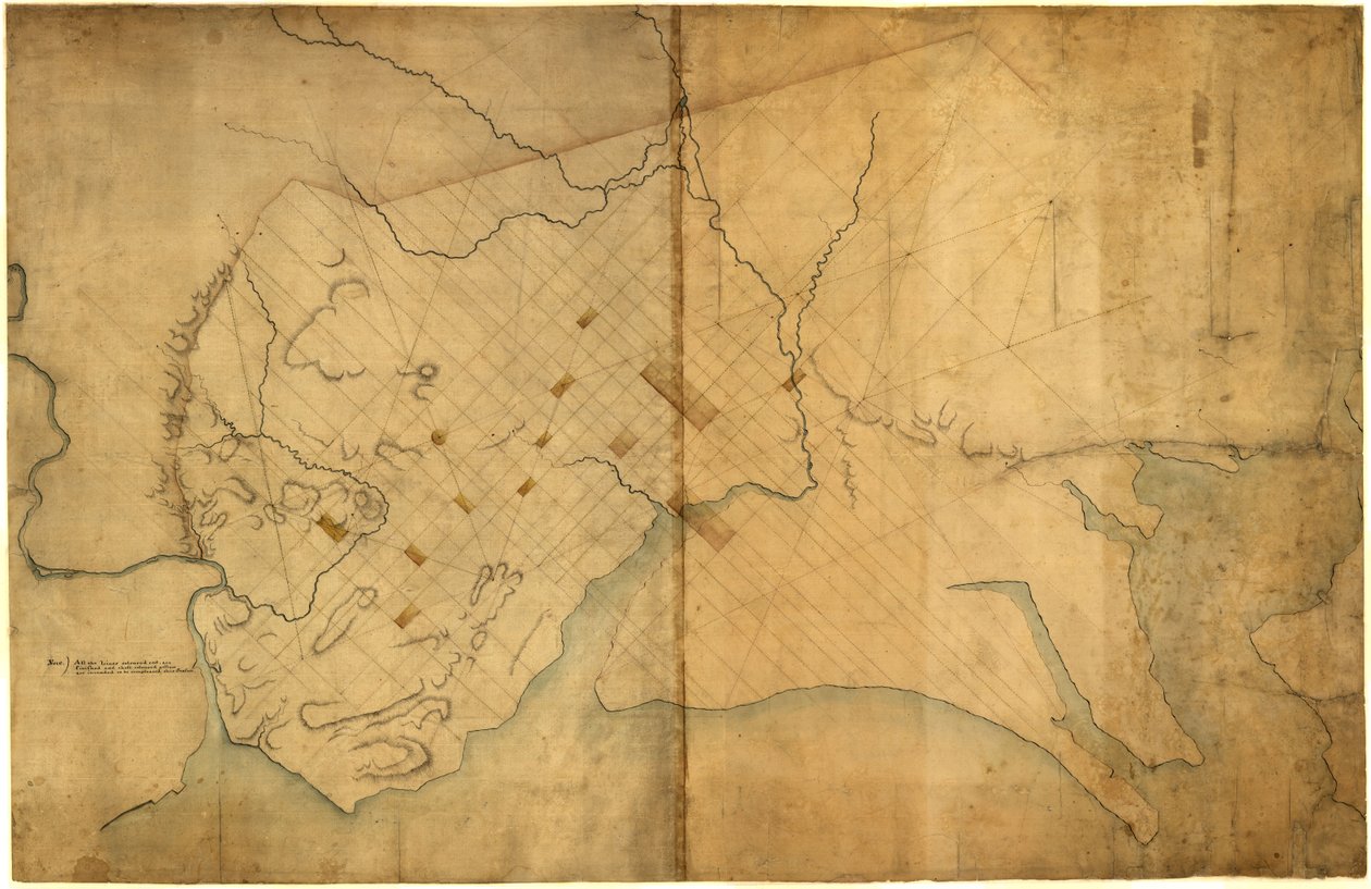 Kort med stiplede linjer over Washington, D.C., 1791, før 19. august. LOC 88694203 af Pierre Charles L