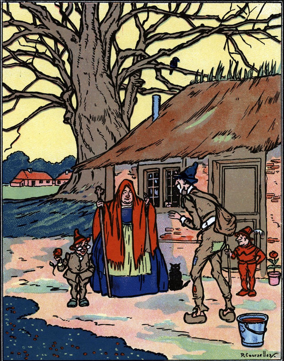 Picrocholes flugt, der møder en gammel heks Illustration af Pierre Couselles (død 1938) fra "Gargantua" af Francois Rabelais af Pierre Courselles