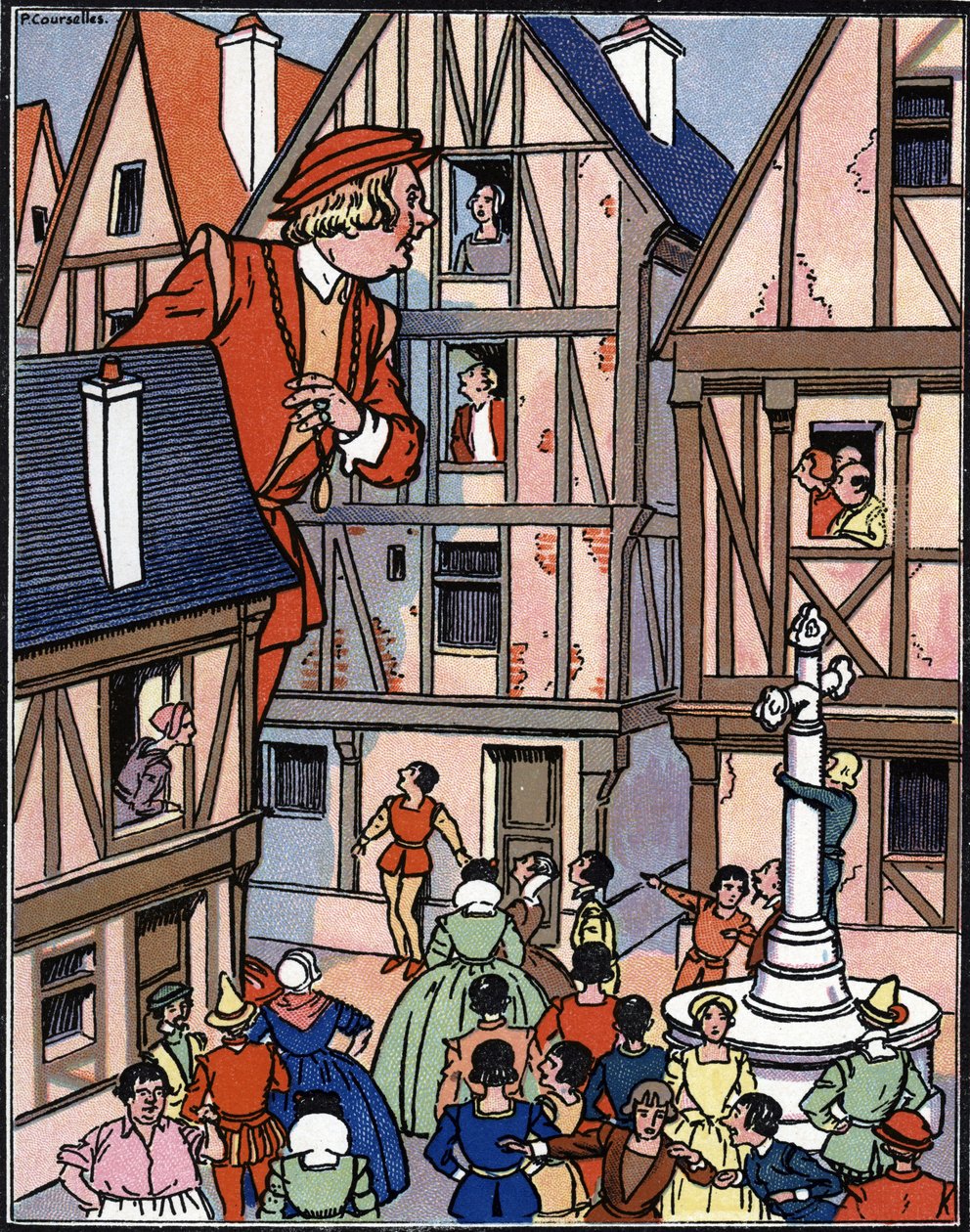Kæmpen Gargantua i gaderne i Chinon Illustration af Pierre Couselles (død 1938) fra "Gargantua" af Francois Rabelais af Pierre Courselles