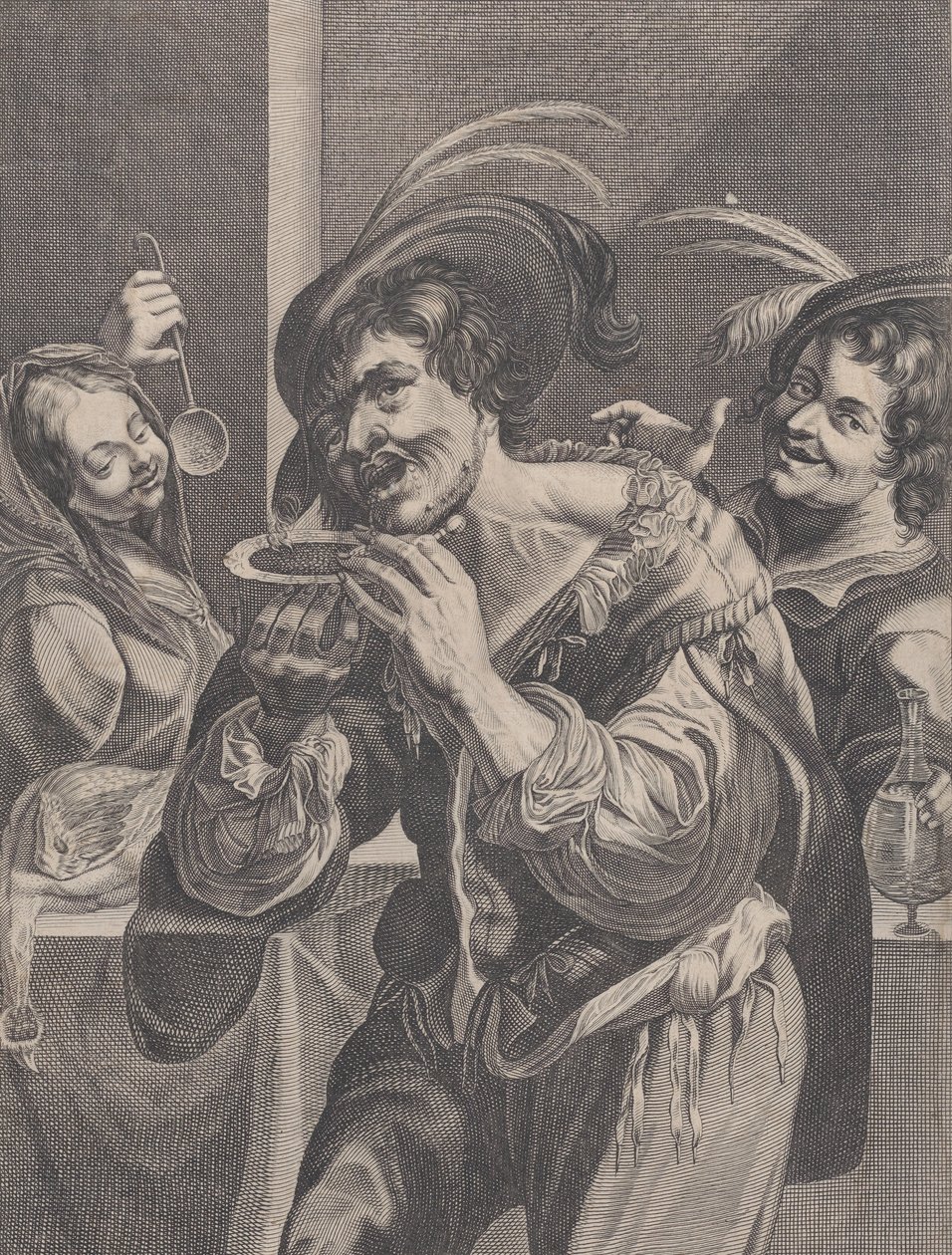 Mand drikker suppe, mens to mennesker ser på ham, 1624-75. af Pierre Daret