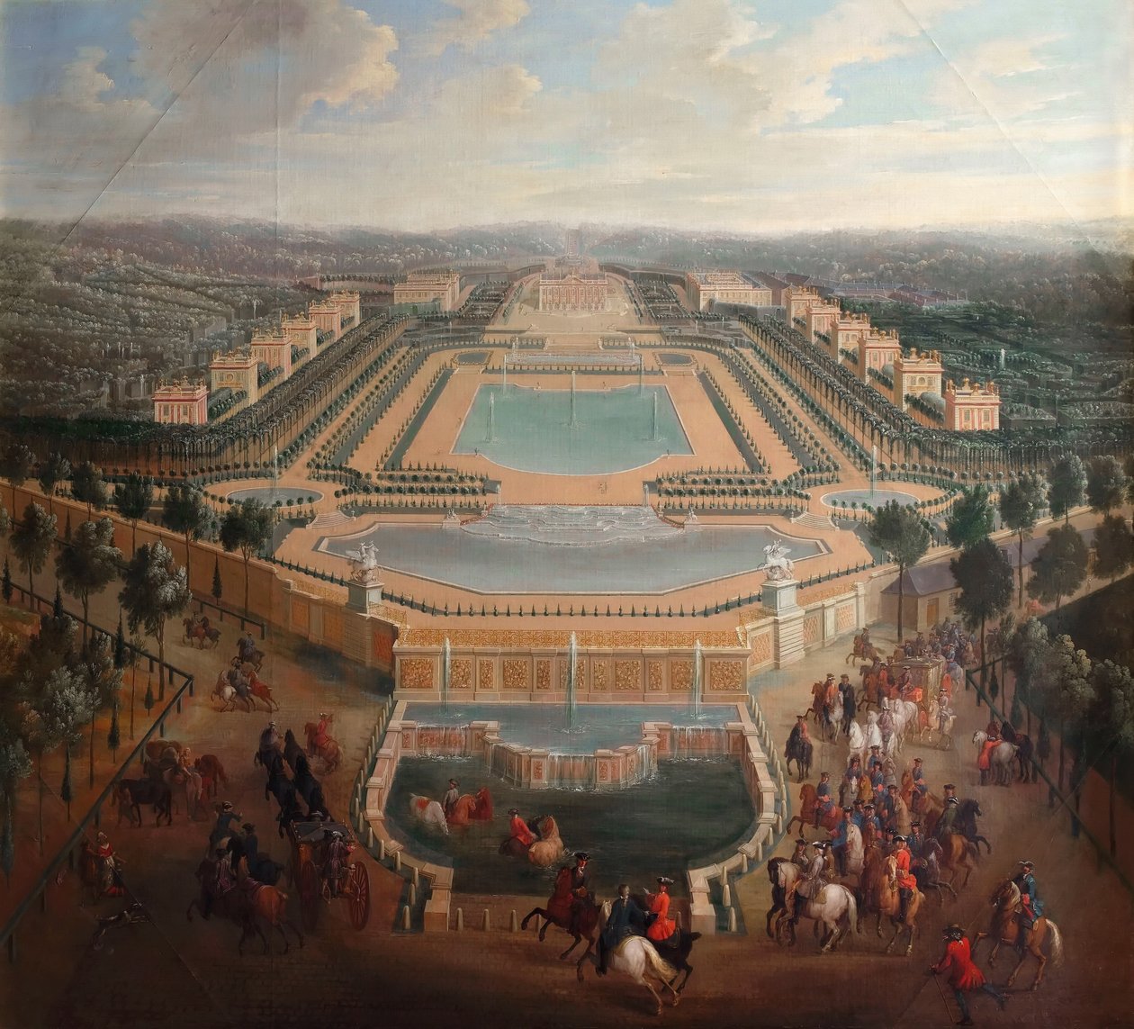 Generel udsigt over slottet og pavillonerne ved Marly af Pierre Denis II Martin