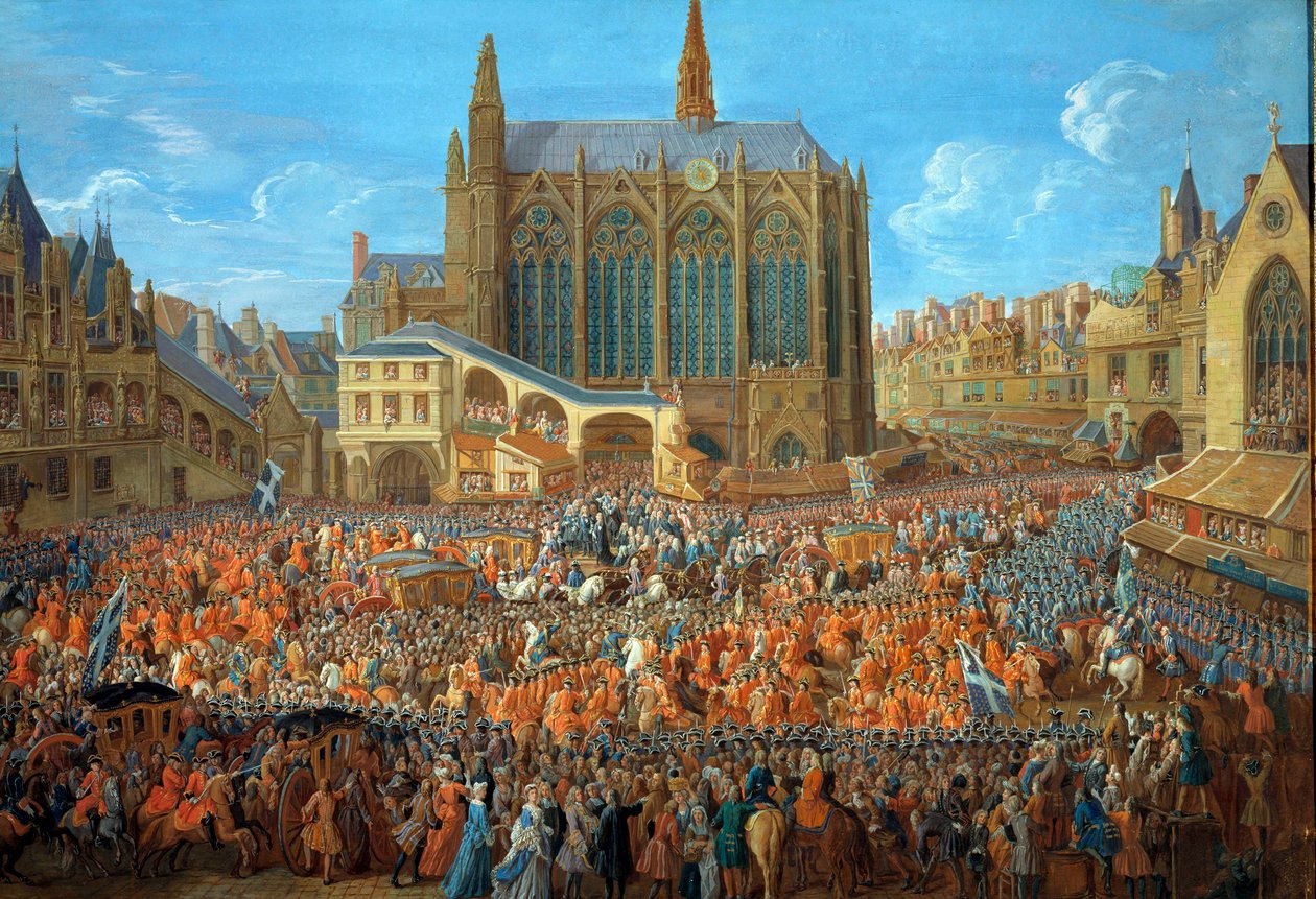 Kong Ludvig XV (1710-1774) forlader retslejet afholdt i Palais de Justice i Paris den 12/09/1715 La Sainte Chapelle est visible - Maleri a la gouache af Pierre Denis Martin (1663-1742) 1715 - Paris, musee Carnavalet - The Departure of Louis XV ( af Pierre Denis Martin