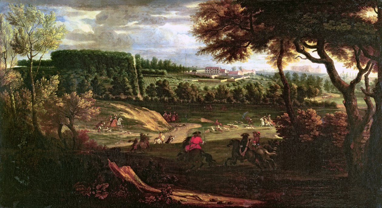Ludvig XIV (1638-1715) Jagt ved Marly med udsigt over Chateau Vieux de Saint Germain af Pierre Denis Martin