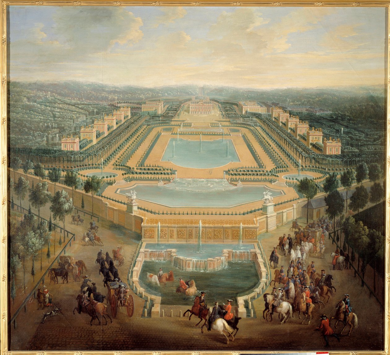Perspektiv udsigt over slottet Marly, kong Ludvig XV (1710-1774) i vogn forlader slottet Maleri af Pierre Denis Martin (1663-1742) 1700-tallet søn. 1,37 x 1,55 m - Perspektiv udsigt over slottet Marly, kong Ludvig XV (1710-1774) forlader kabinen af Pierre Denis Martin