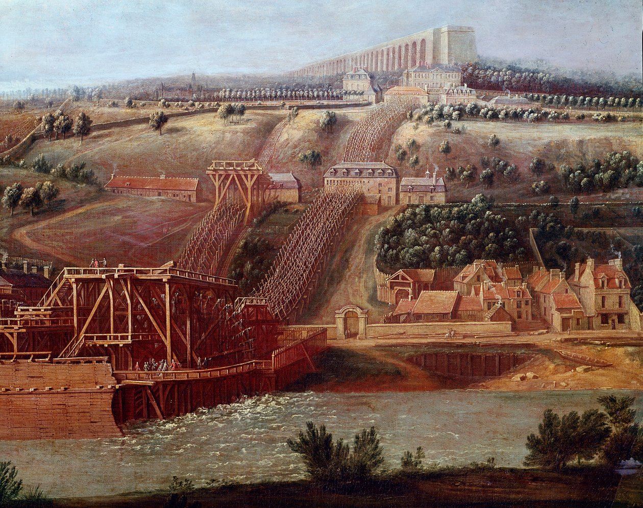 Udsigt over maskinen til akvædukten af Marly installeret i Bougival Akvædukten i Louveciennes (eller Marly) tillod at forsyne Versailles til Marlys slot med vand. Detalje. Maleri af Pierre Denis Martin (1663-1742) søn. 1,15x1,65 m Versailles, musee du af Pierre Denis Martin