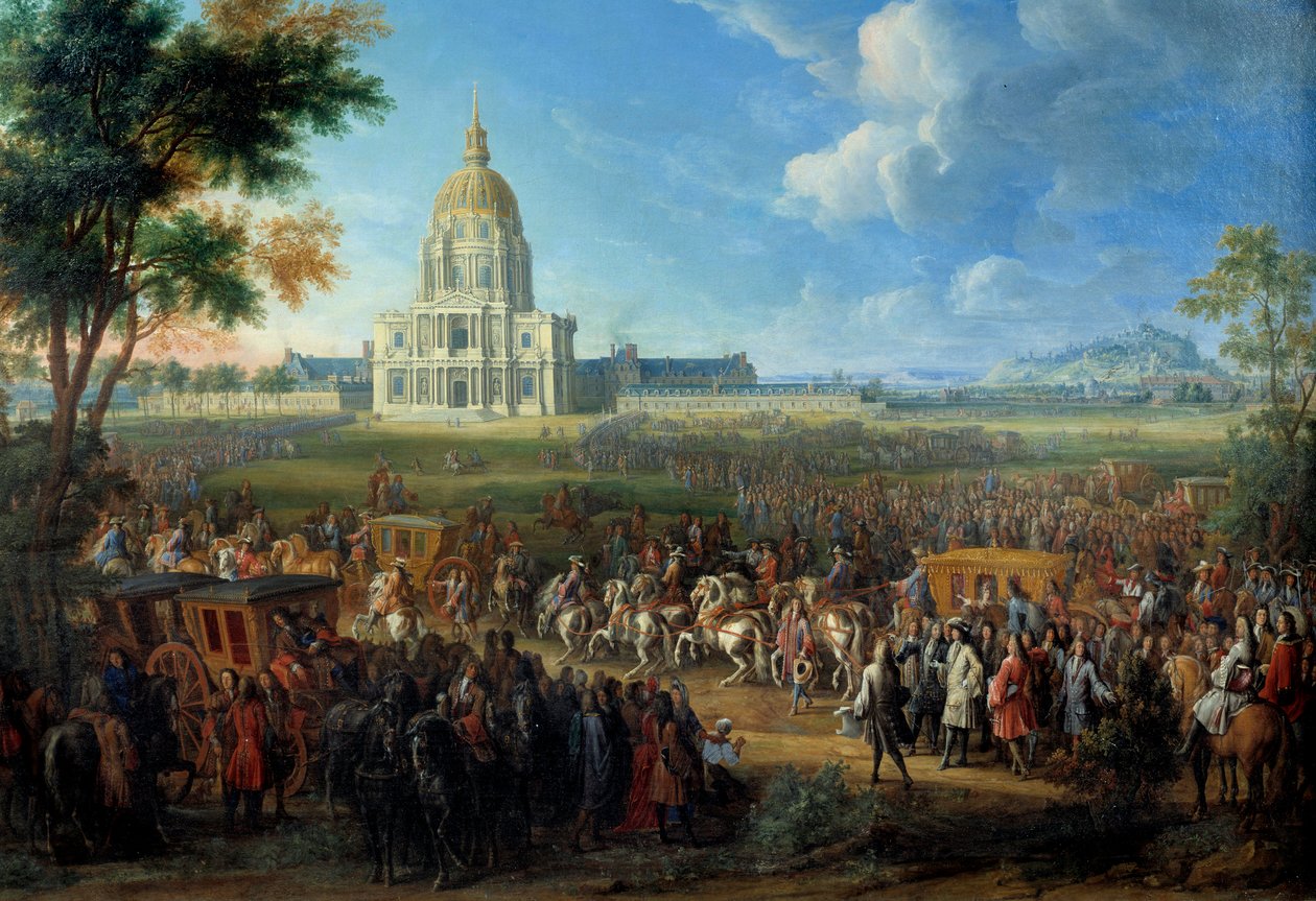 Besøg af kong Ludvig XIV i kirken Royal Hotel des Invalides, der nyligt blev afsluttet den 14. juli af Pierre Denis Martin