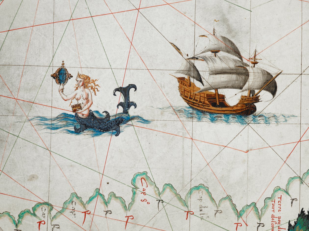 En detalje af en sirene, der beundrer sig selv i et spejl og et skib mod øst i det sydlige Ocean, fra et verdenskort, 