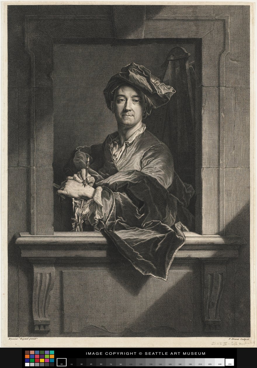 Engraving of Hyacinth Rigaud "s Portrait of Himself, late 17th century-18th centurydani af Pierre Imbert Drevet
