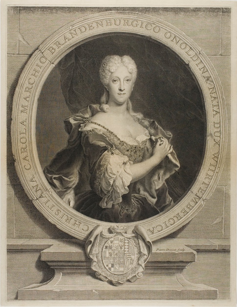 Portræt af Christine-Caroline, markgreven af Brandenbourg-Onoltzbach, hustru til Guillaume-Frédéric af Würtemburg, 1694-1723 af Pierre Drevet