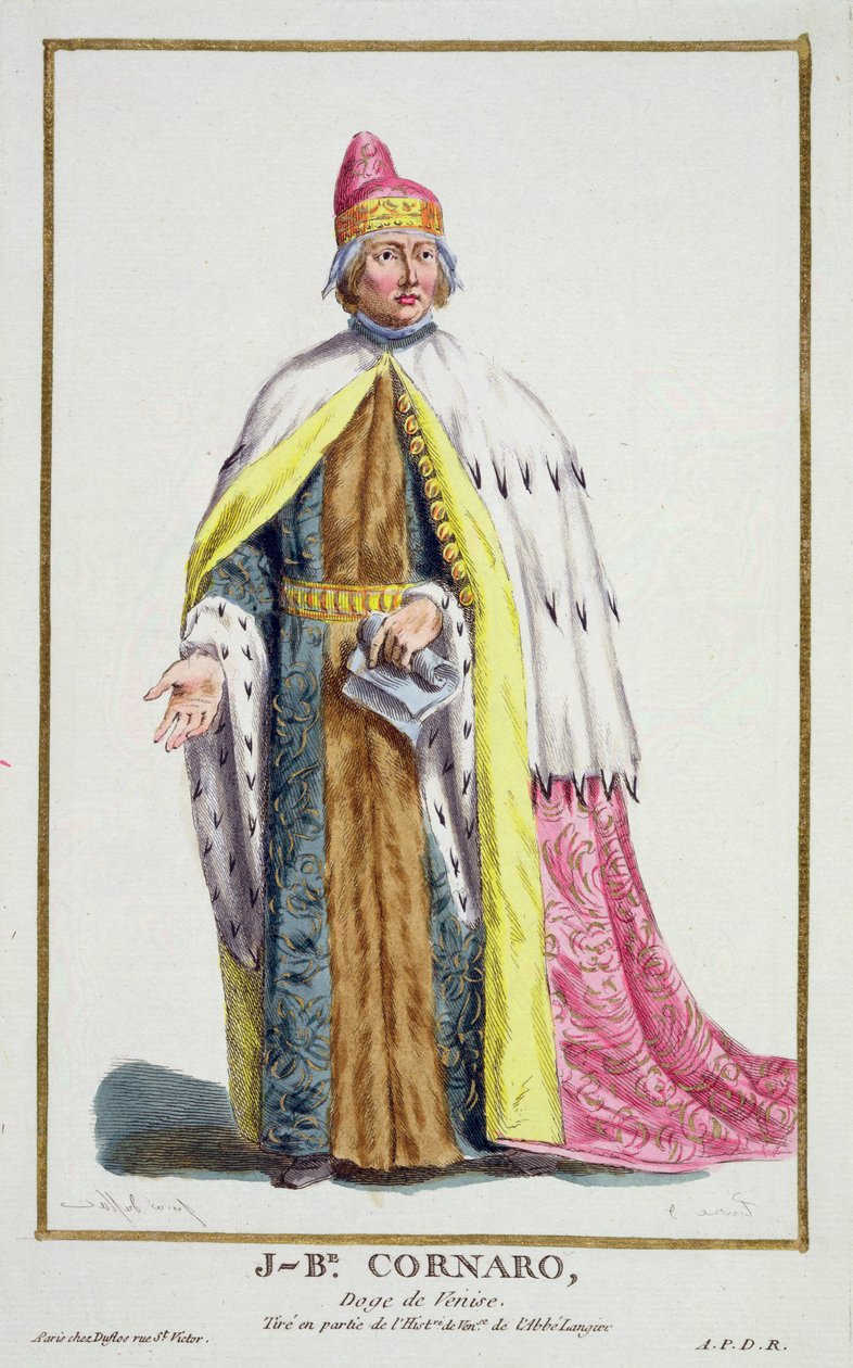 Giovanni Cornaro (1647-1722) Doge af Venedig, fra "Receuil des Estampes, representant les Rangs et les Dignites, suivant le Costume de toutes les Nations existantes", udgivet i 1780 (håndkoloreret stik) af Pierre Duflos