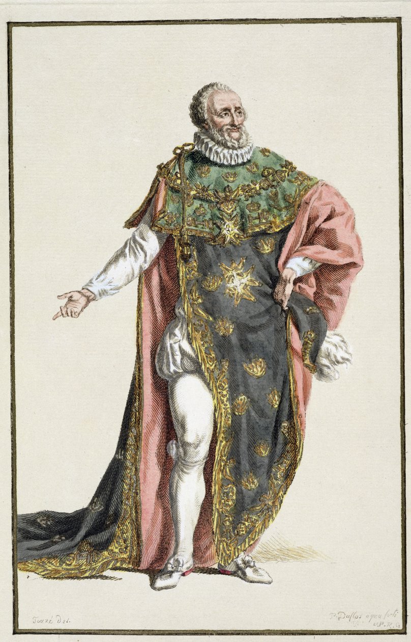 Henri IV (1553-1610) Konge af Frankrig, fra Receuil des Estampes, der repræsenterer rang og værdighed, efter alle eksisterende nationers dragt, udgivet 1780 (håndkoloreret gravering) af Pierre Duflos