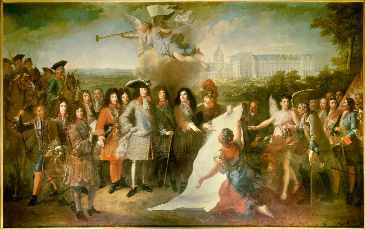 Præsentation af planen for Royal Hote des Invalides til Ludvig XIV af Marquis de Louvois (1639-1691) Blandt de nuværende er Henri de la Tour d