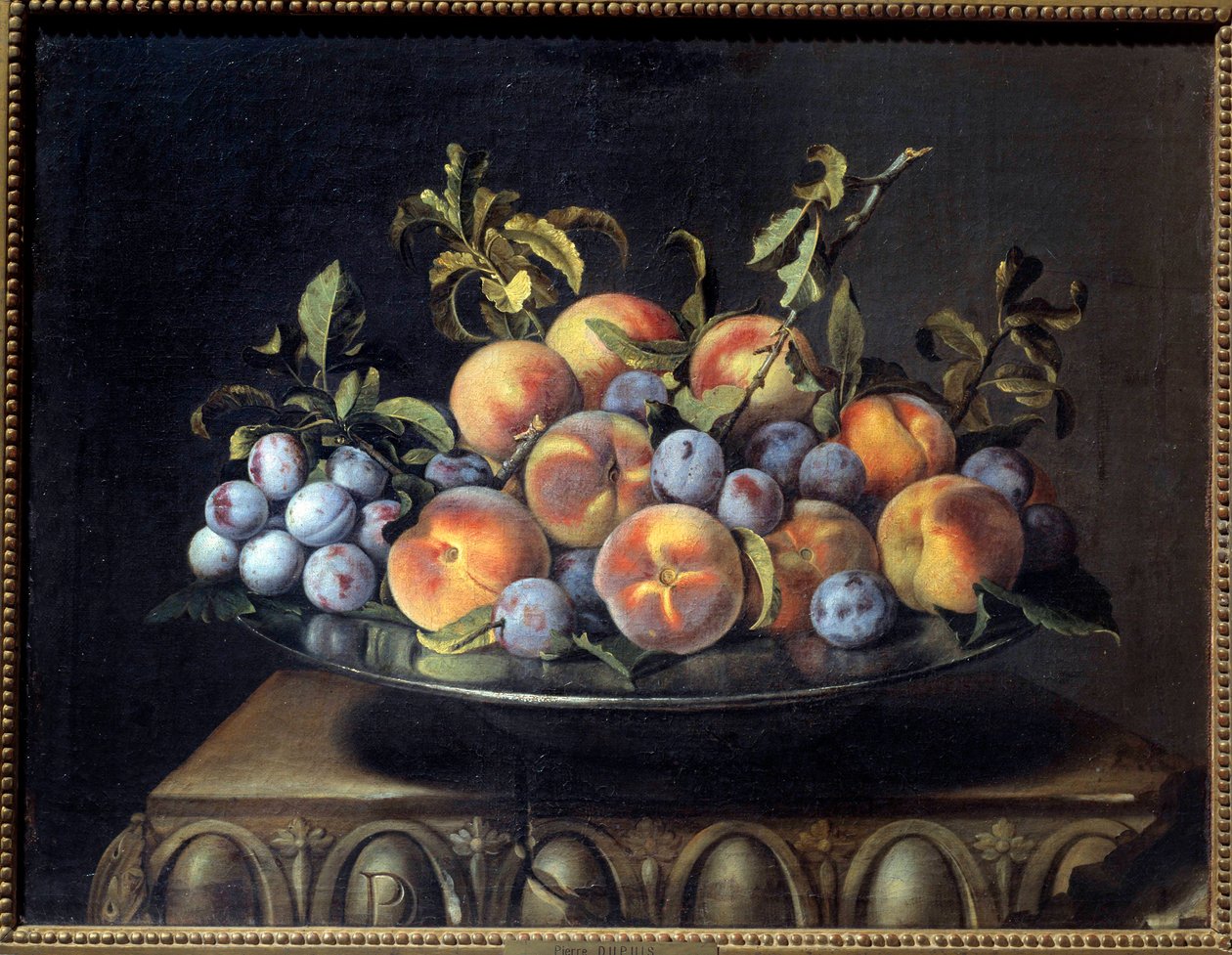 Fersken og blommer i dåsfad Maleri af Pierre Dupuis (1610-1682) 1600-tallet søn. 0,48x0,61 m af Pierre Dupuis