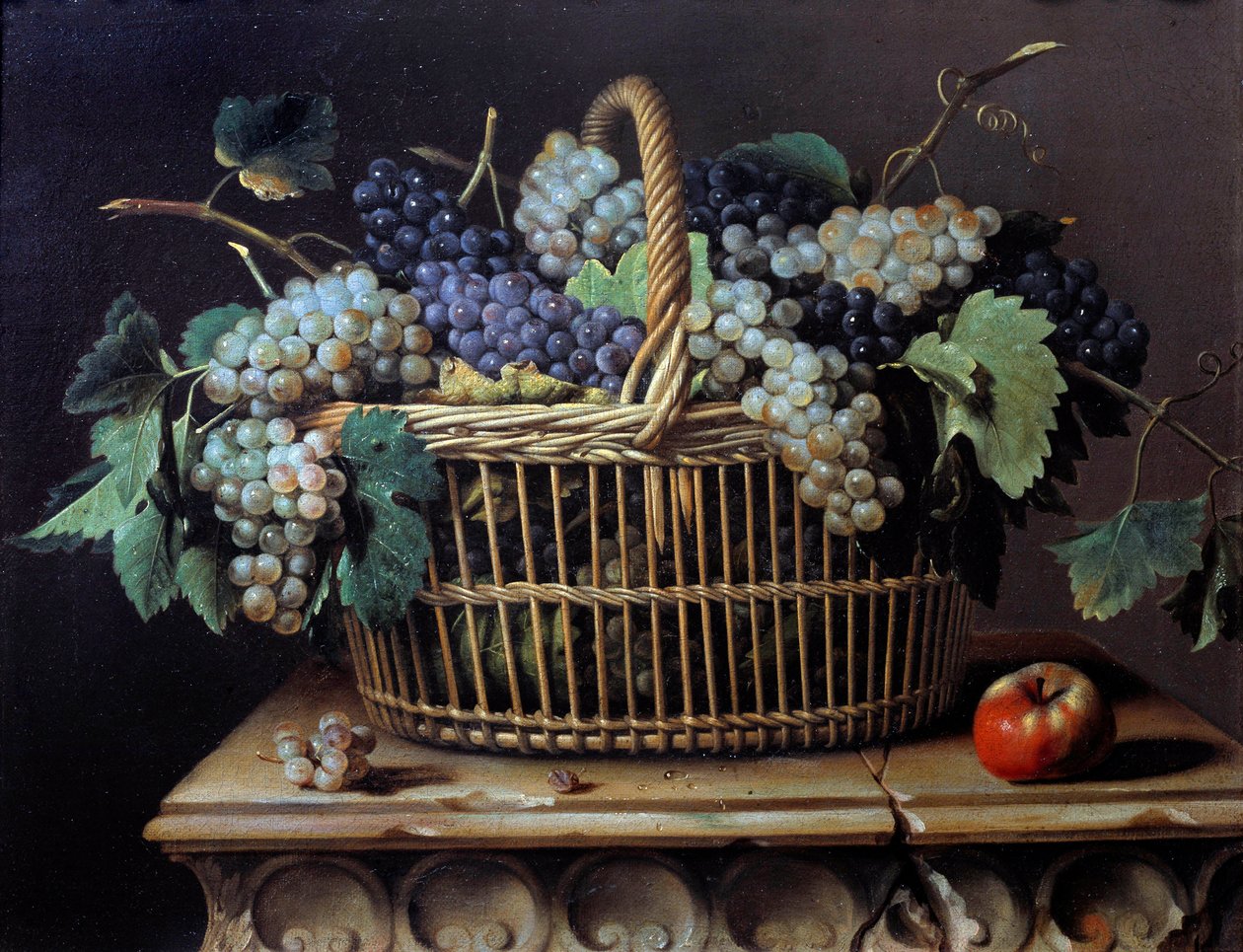Still life of a bunch of grapes in a basket Painting by Pierre Dupuisdani af Pierre Dupuis
