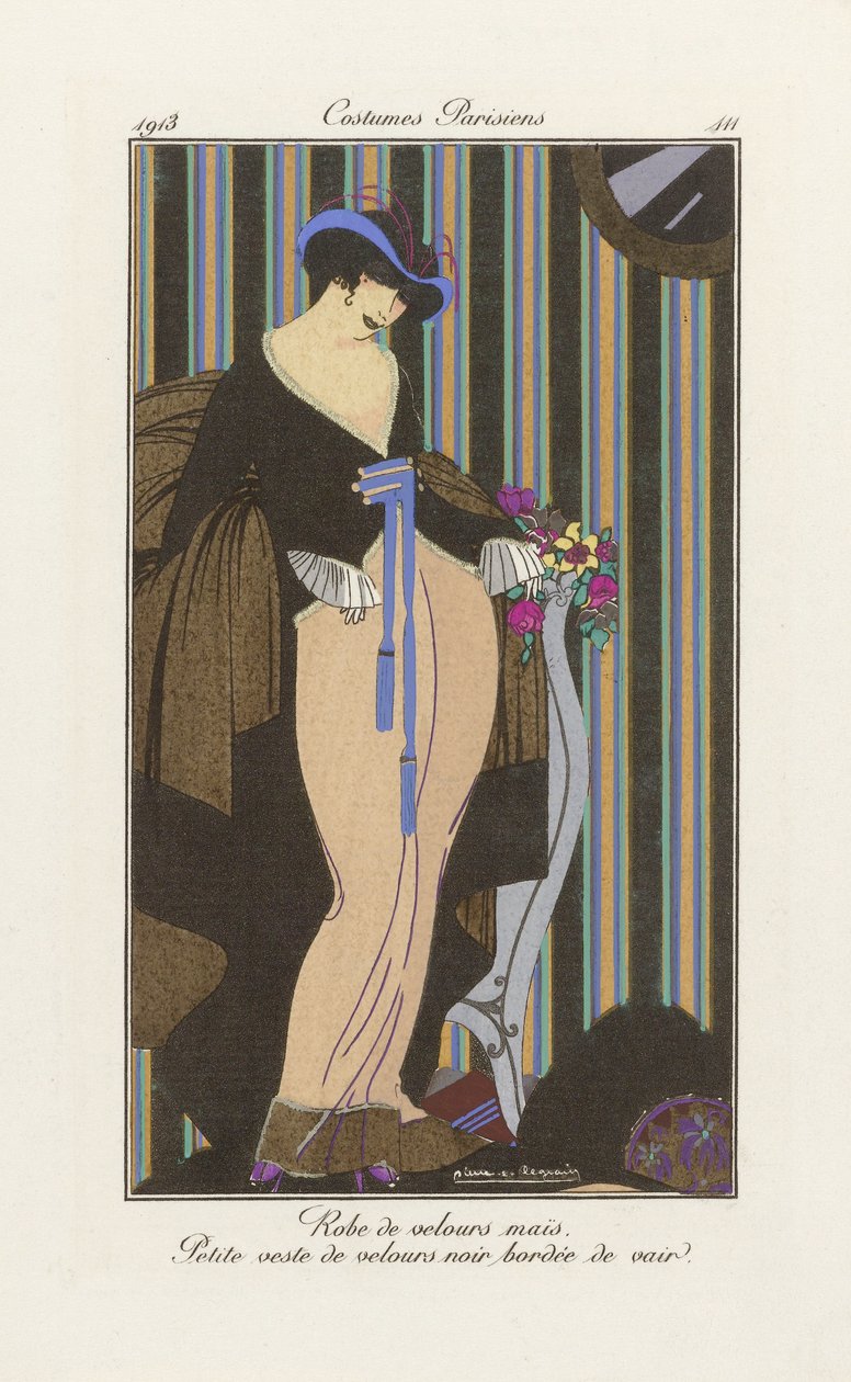 Design til en fløjlskjole, fra Costumes Parisien, pub.1913 (pochoir-tryk) af Pierre E. Legrain