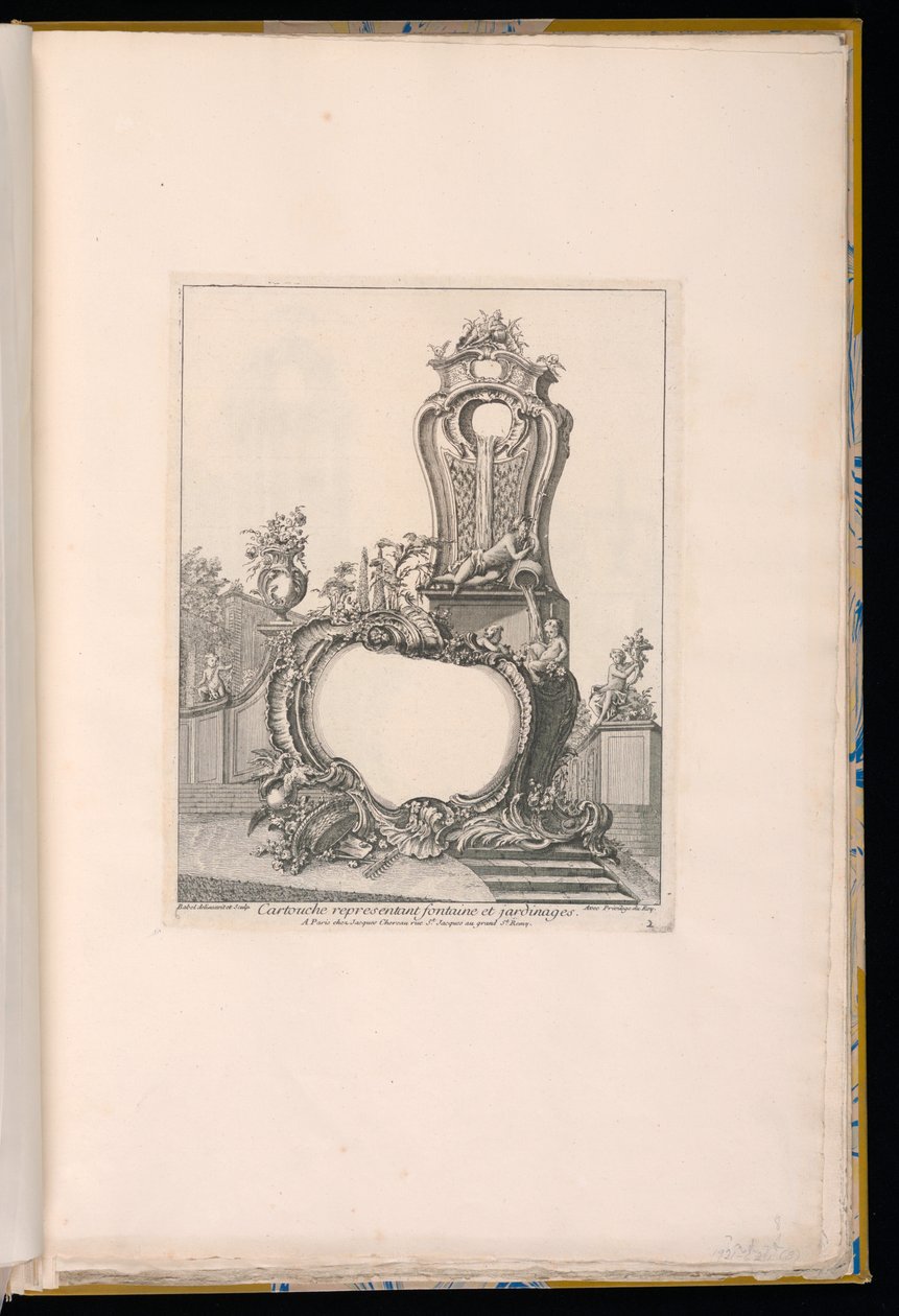Cartouche med et springvand i en have i baggrunden af Pierre Edme Babel