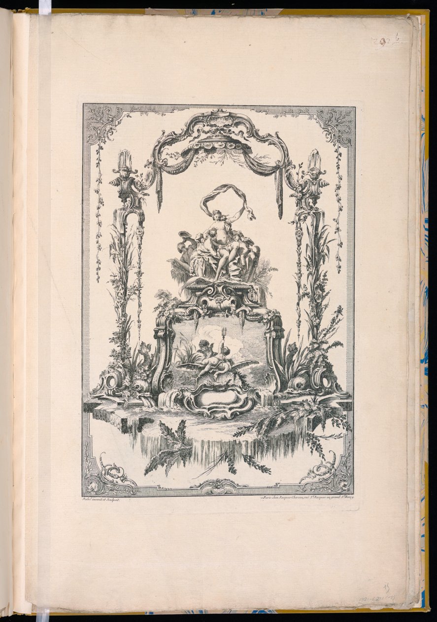 Ornamentpanel med en dobbelt kartouche, der viser Venus eller Thetis med hendes nymfer og et springvand af Pierre Edme Babel