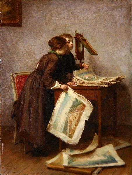 Børn ser på tryk, ca. 1870 (olie på panel) af Pierre Edouard Frere