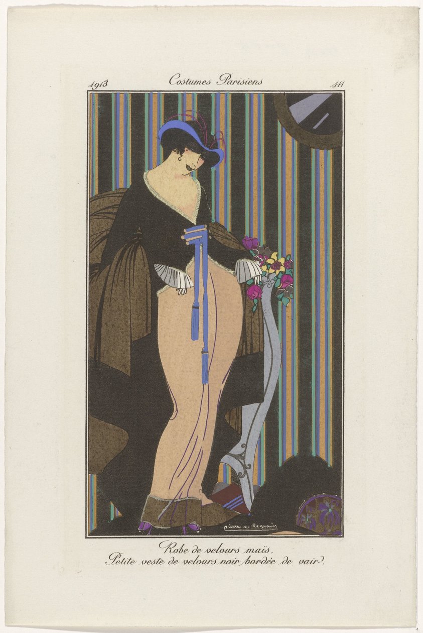 Journal of Ladies and Fashions: Fashion Illustrators Journal of Ladies and Fashions: Fashion News Journal des Dames et des Modes, Costumes Parisiens, 1913, nr. 111: Fløjlskjole (...) af Pierre Emile Legrain