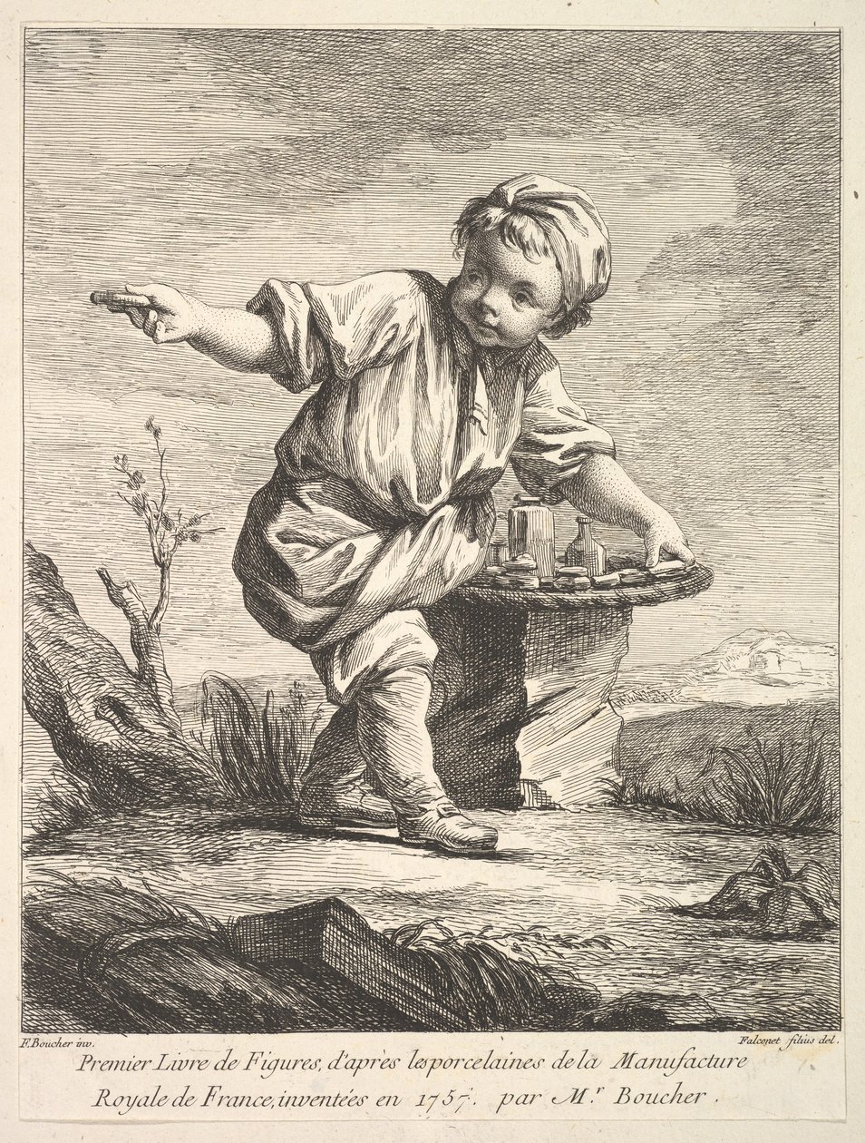 Frontispice med lille dreng, der holder en kurv, fra Premier Livre de Figures daprès les po..., 1757. af Pierre Etienne Falconet